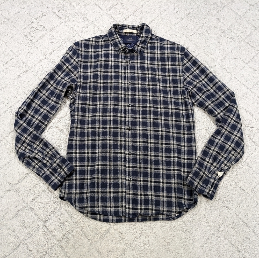 Scotch & Soda Shirt Men's M Blue Gray Plaid Cotton Linen Button Up Long Sleeve